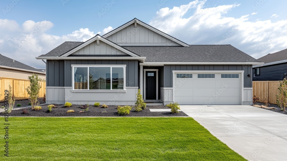 Modern Single-Family Home With a Spacious Lawn and Driveway in a Suburban Neighborhood During the Late Afternoon Modern Single-Family Home With a Spacious Lawn and Driveway in a Suburban Neighborhood During the Late Afternoon