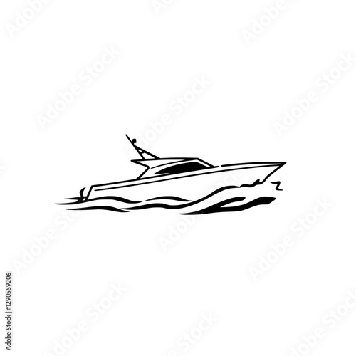 Minimalist depiction of a sleek, modern boat sailing on waves, against a white background.