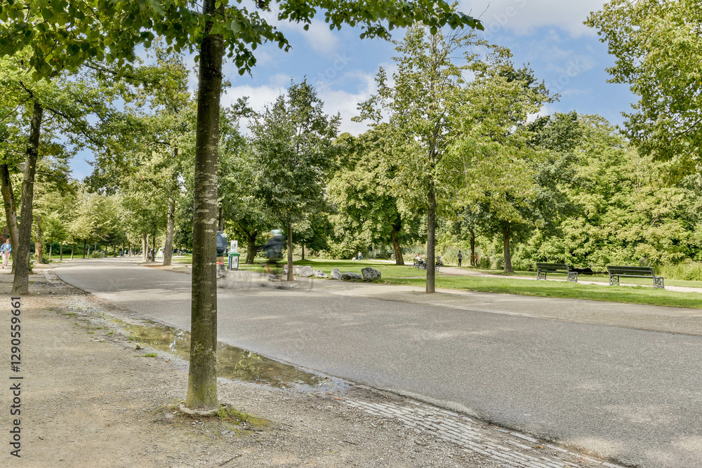 A peaceful park scene featuring a paved pathway lined with trees, offering a glimpse of nature's tranquility and greenery amidst an urban setting. A peaceful park scene featuring a paved pathway lined with trees, offering a glimpse of nature's tranquility and greenery amidst an urban setting.