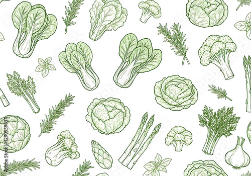 A Delightful Seamless Pattern of Fresh Green Vegetables: Bok Choy, Broccoli, Asparagus, Rosemary, and More