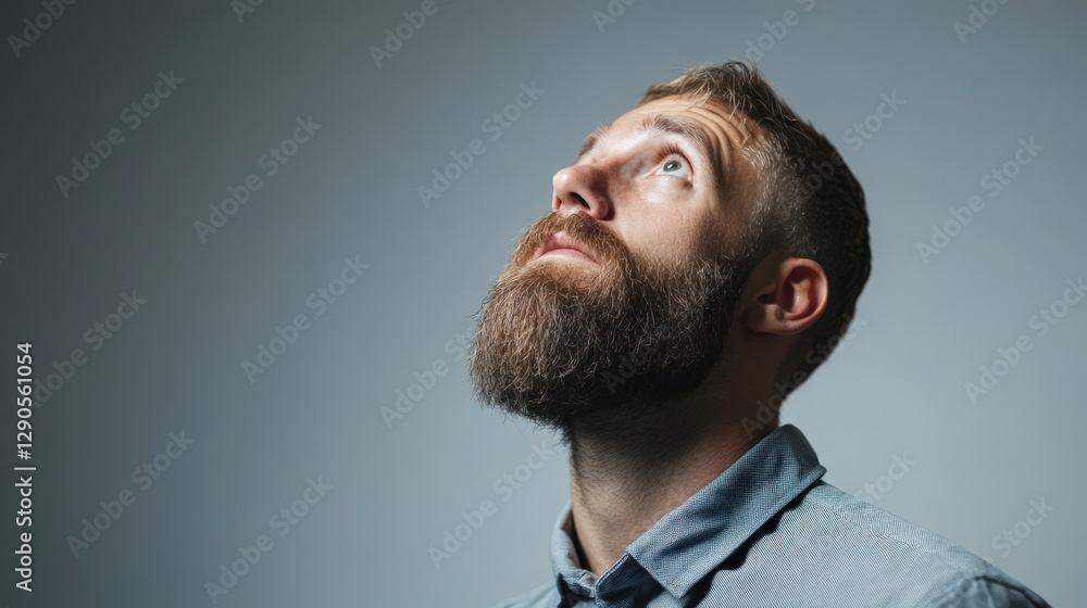 Obraz premium Bearded Man Gazing Upwards Contemplating Life