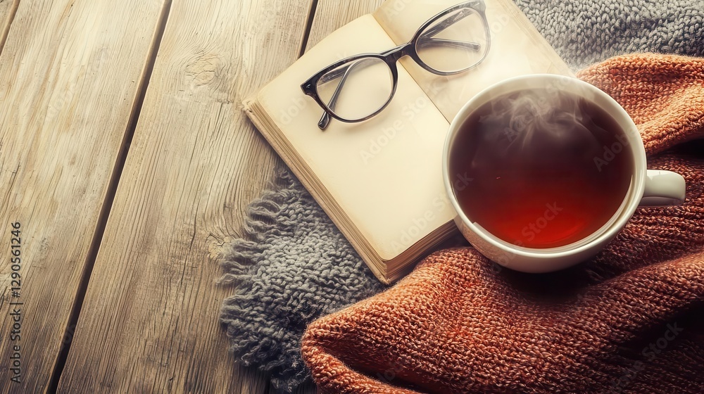 Fototapeta premium Cozy autumn scene hot tea book glasses and warm knitwear on wooden surface