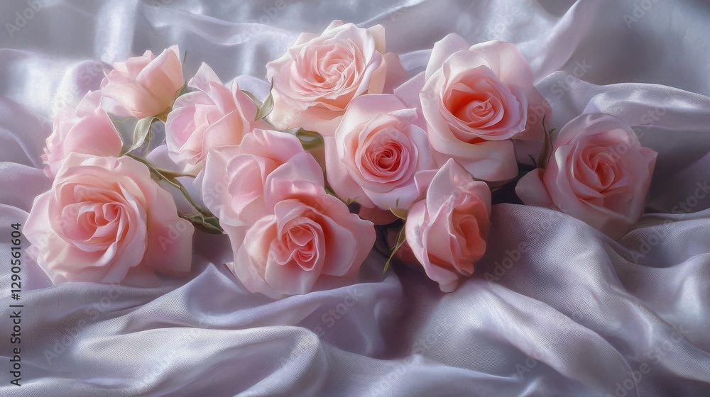 93.A bouquet of soft pink roses elegantly arranged on a bed of shimmering silk, with subtle highlights and shadows enhancing the texture of the fabric and petals. 93.A bouquet of soft pink roses elegantly arranged on a bed of shimmering silk, with subtle highlights and shadows enhancing the texture of the fabric and petals.