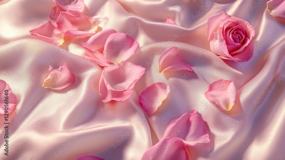 Fototapeta premium 94.A dreamy composition featuring pink roses scattered across silky fabric, their petals blending harmoniously with the luminous sheen of the material.
