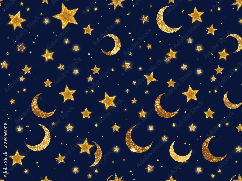Fototapeta premium Gold Glitter Stars and Crescent Moons Night Sky Pattern