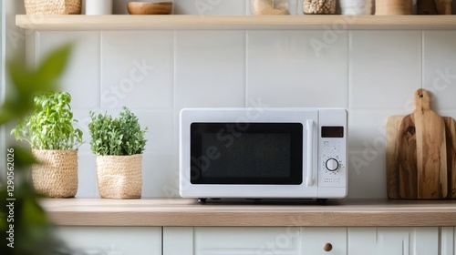 Modern Kitchen with a White Microwave and Fresh Herbs