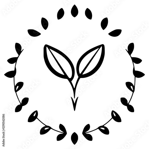 Emerging plant, sprout, and leaf design within a circular frame of additional leaves on a white background.