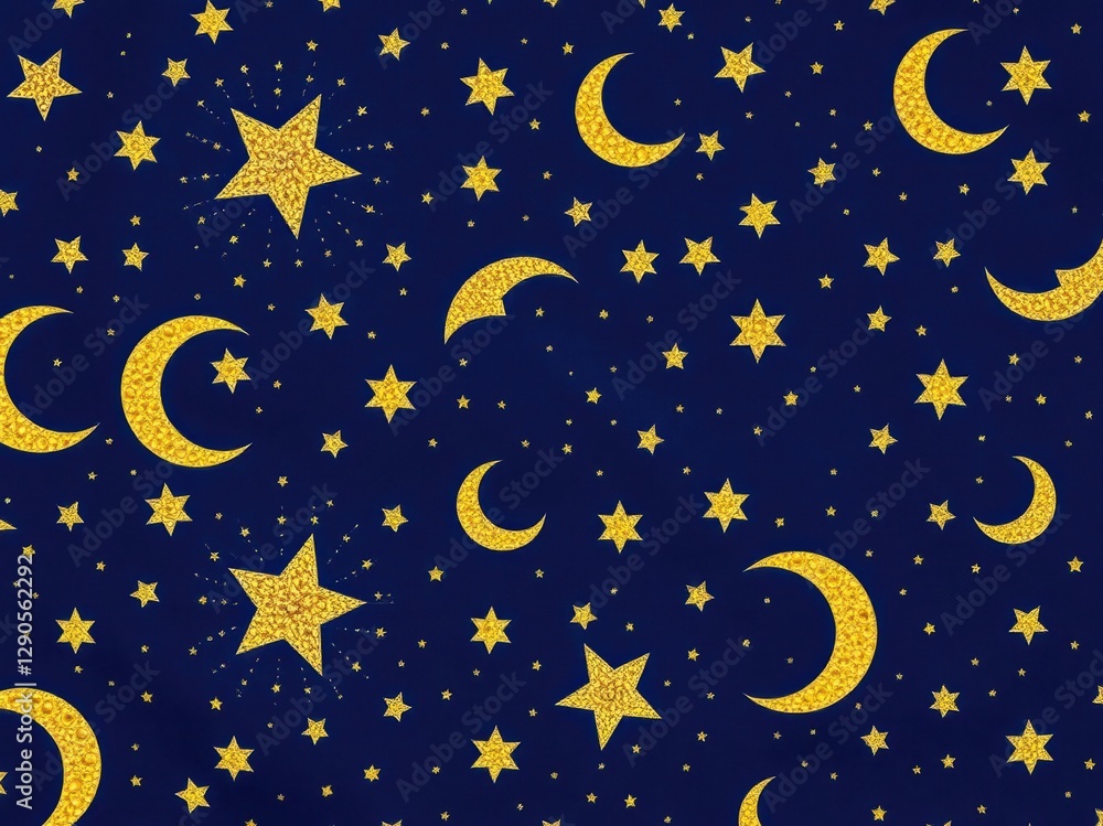 Fototapeta premium Golden Glitter Stars and Moons Night Sky Seamless Pattern