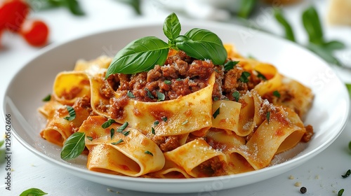 Pappardelle pasta with Bolognese sauce, on a white plate. isolated on white background