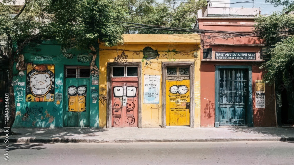 Colorful Street Scene with Graffiti Art and Vibrant Buildings Colorful Street Scene with Graffiti Art and Vibrant Buildings