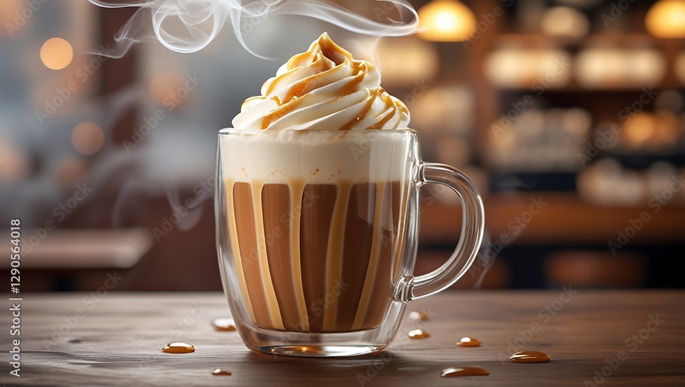 Caramel Macchiato with Whipped Cream in a Glass Mug Caramel Macchiato with Whipped Cream in a Glass Mug