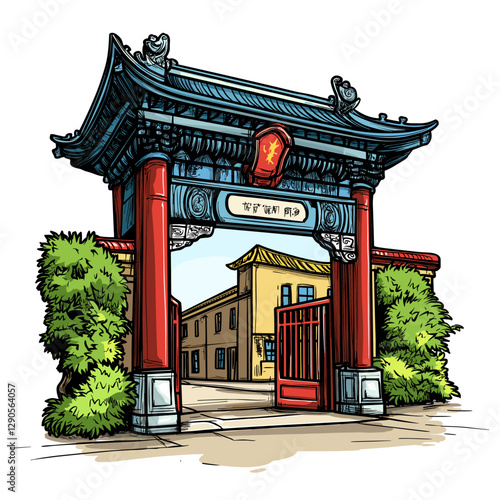 Vector comic hand-drawn illustration of Chinatown. Chinatown in London