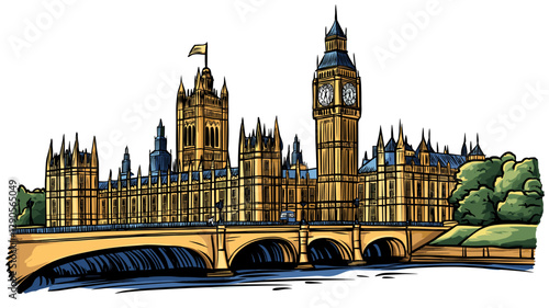 Vector comic hand-drawn illustration of Palace of Westminster. Palace of Westminster in London