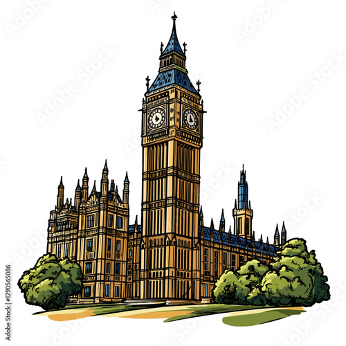 Vector comic hand-drawn illustration of Palace of Westminster. Palace of Westminster in London