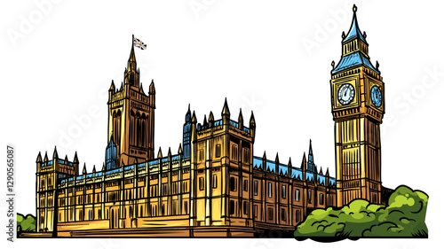 Vector comic hand-drawn illustration of Palace of Westminster. Palace of Westminster in London