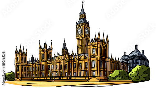 Vector comic hand-drawn illustration of Palace of Westminster. Palace of Westminster in London