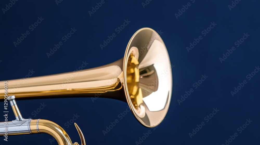 Obraz premium Shiny brass trumpet bell close-up against a dark blue studio background.