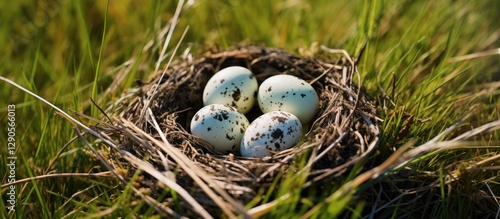 Nest of four speckled eggs surrounded by dry grass in a lush green field with an elevated view showcasing camouflage and natural habitat