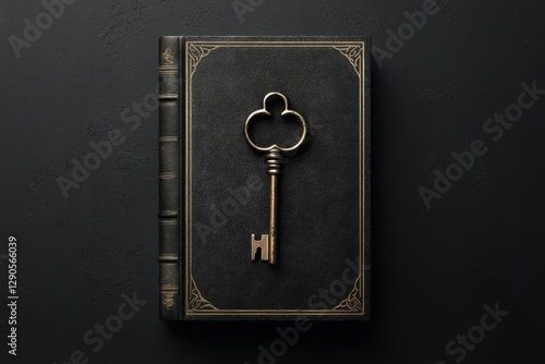 An antique key rests atop a vintage book, representing mystery, nostalgia, and the allure of hidden stories waiting to be unlocked. photo