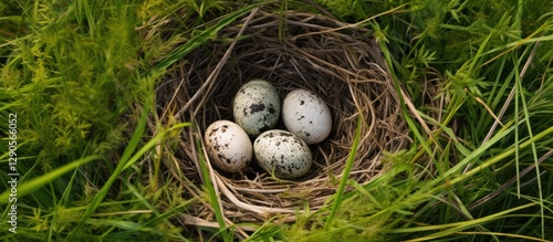 Golden Plover nest with four speckled eggs nestled in grass, captured from an elevated view against a backdrop of vibrant green foliage.