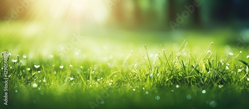 Panel kuchenny z motywem Bright green grass background illuminated by soft sunbeams creating a bokeh effect with blurred forest in background and dew drops on grass blades