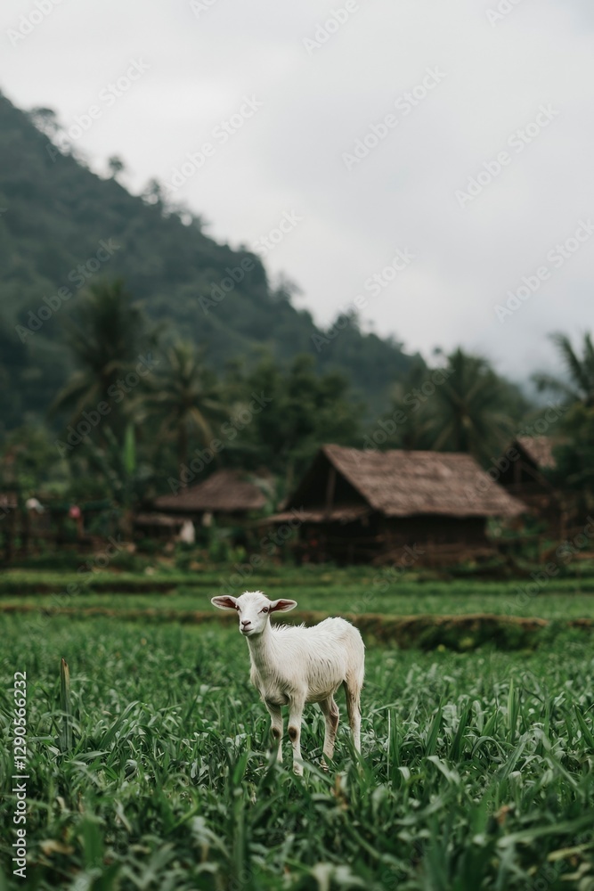 Obraz premium Young lamb stands in field, background includes village huts and a lush hillside