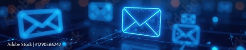 Abstract blue glowing email icons, digital network background, wireframe, node, message