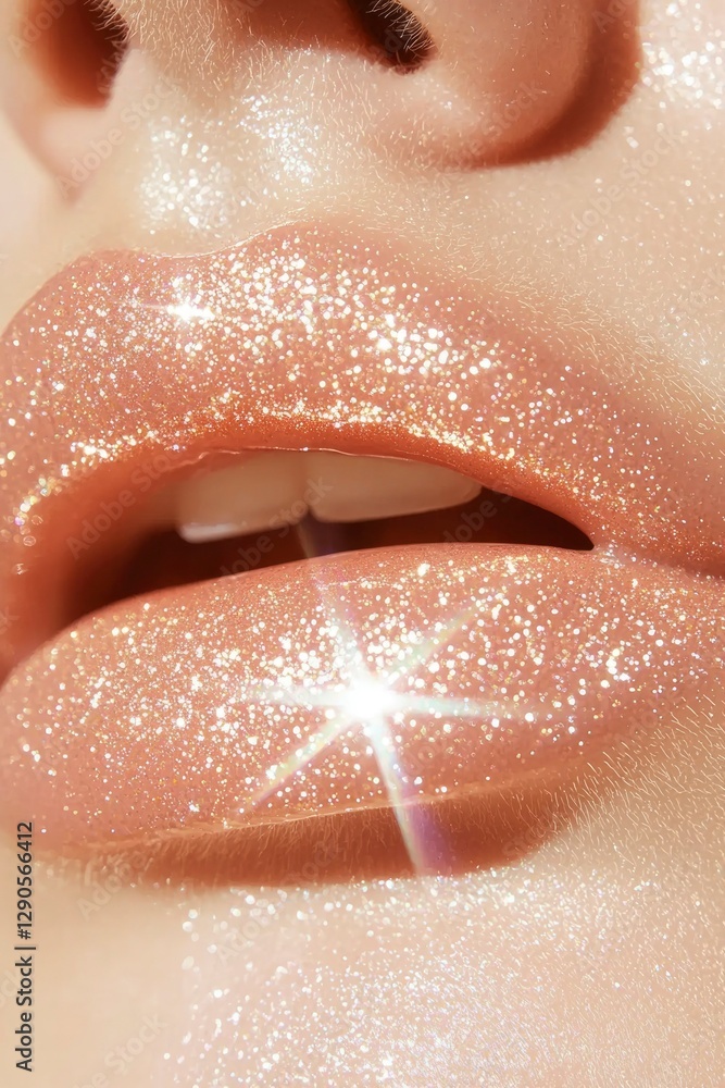 Fototapeta premium Glossy Lips Close-up of shimmering makeup, emphasizing beauty; blank background