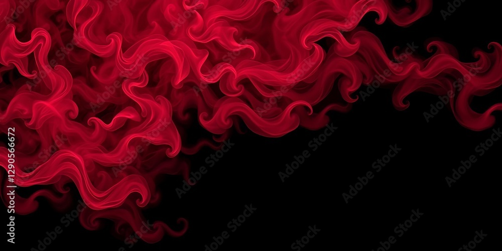 Abstract red smoke swirling in a mesmerizing pattern on a black background, creating vibrant red color clouds, pattern, black background, design
