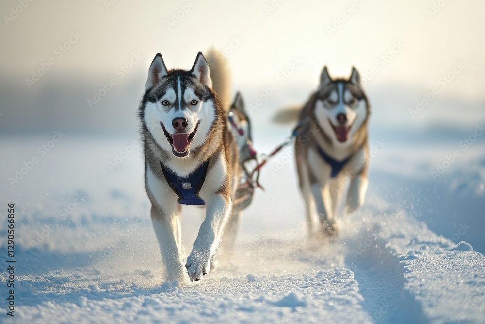 Three playful Siberian Huskies trot joyfully through a snowy landscape, showcasing their beautiful fur coats and energetic personalities. Three playful Siberian Huskies trot joyfully through a snowy landscape, showcasing their beautiful fur coats and energetic personalities.