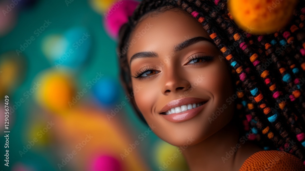 Fototapeta premium Woman with long, colorful dreadlocks is smiling at the camera. The colorful beads on her hair and the bright background create a cheerful and vibrant atmosphere