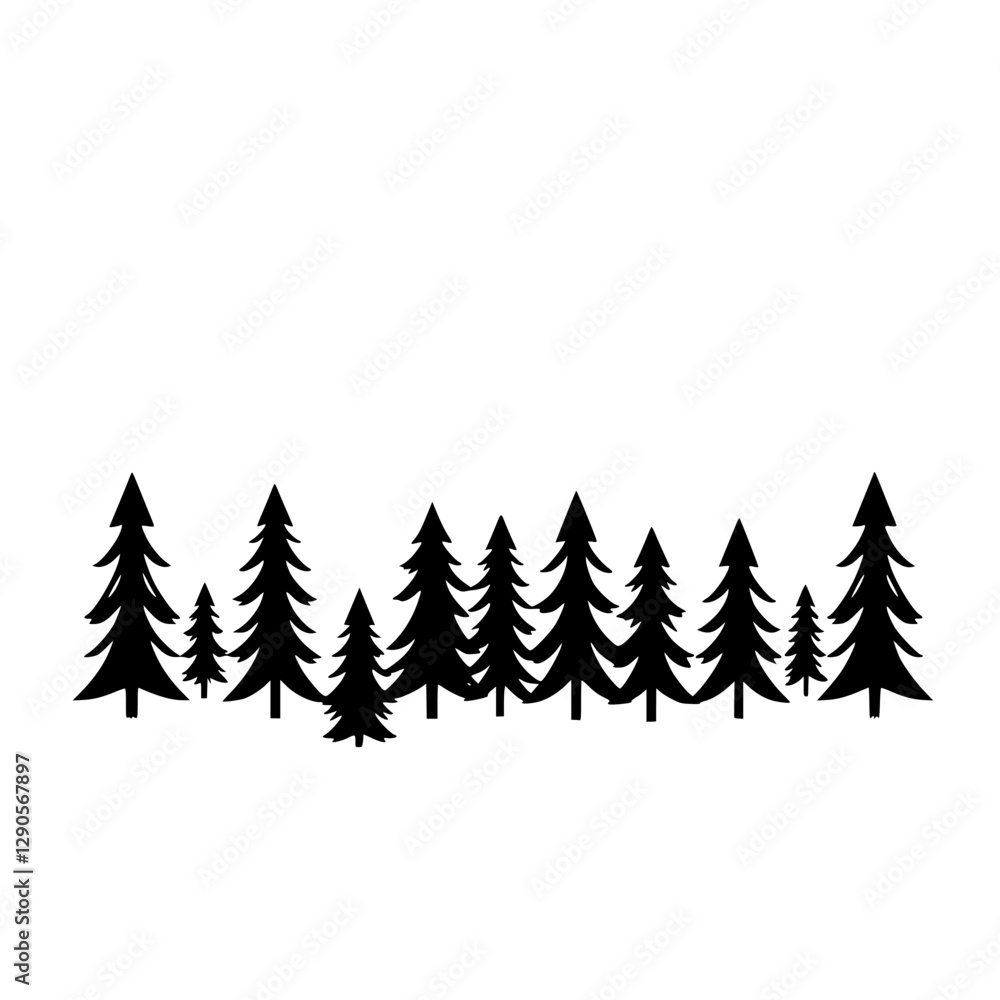 Fototapeta premium Silhouette of a Black Forest: Group of pine trees set against a white background.