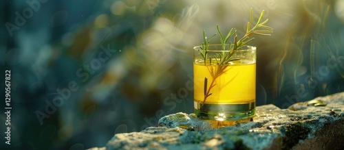 Limoncello glass with rosemary twig placed on a textured snag background featuring warm yellow tones and soft sunlight creating a serene atmosphere
