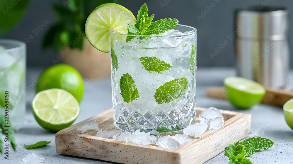 Refreshing Mojito: A refreshing mojito, a classic cocktail, in a textured glass, adorned with fresh mint and a lime slice, capturing the essence of summer and relaxation. Refreshing Mojito: A refreshing mojito, a classic cocktail, in a textured glass, adorned with fresh mint and a lime slice, capturing the essence of summer and relaxation.