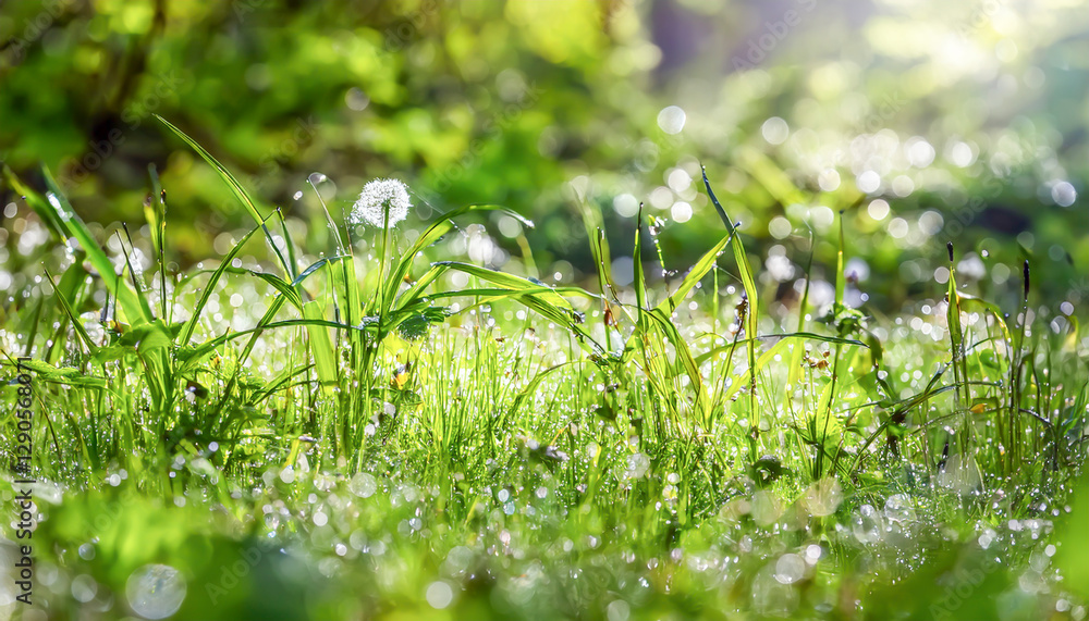 春夏 雨上がりのさわやかな森林の草原、キラキラ輝く野原の草花 太陽の光日差しが降り注ぐ朝の背景 アウトドア・キャンプ・自然・季節の風景 春夏 雨上がりのさわやかな森林の草原、キラキラ輝く野原の草花 太陽の光日差しが降り注ぐ朝の背景 アウトドア・キャンプ・自然・季節の風景