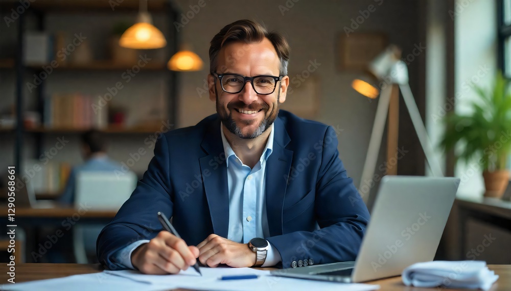 Obraz premium Confident Middle Aged Businessman Working at Desk Smiling Laptop and Documents