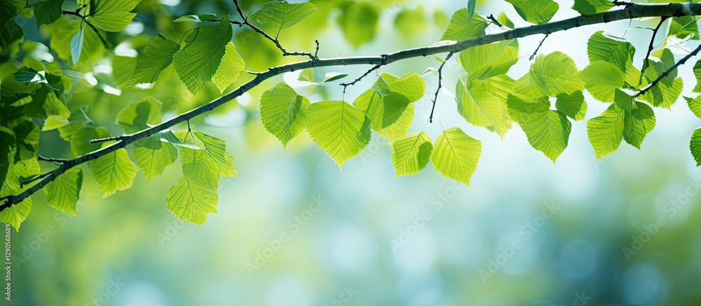 Fresh green birch leaves against a blurred light blue background provide ample space for text elements in an eco-friendly design setting Fresh green birch leaves against a blurred light blue background provide ample space for text elements in an eco-friendly design setting