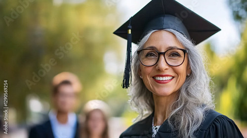 Cheerful senior woman student outdoors, graduation day in University.