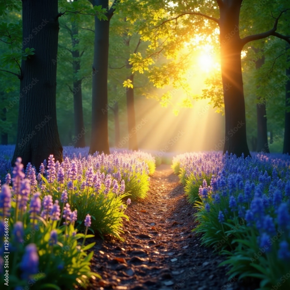Obraz premium Sunlit bluebell path, dappled light, misty sunrise, bright, peaceful, photography
