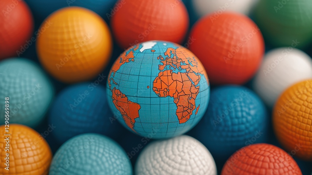 A vibrant globe sits among colorful textured balls, representing unity and diversity in a playful, engaging manner. A vibrant globe sits among colorful textured balls, representing unity and diversity in a playful, engaging manner.