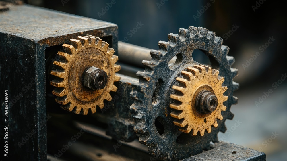 Close-up of conveyor components with gears and bearings on a neutral gray backdrop Close-up of conveyor components with gears and bearings on a neutral gray backdrop