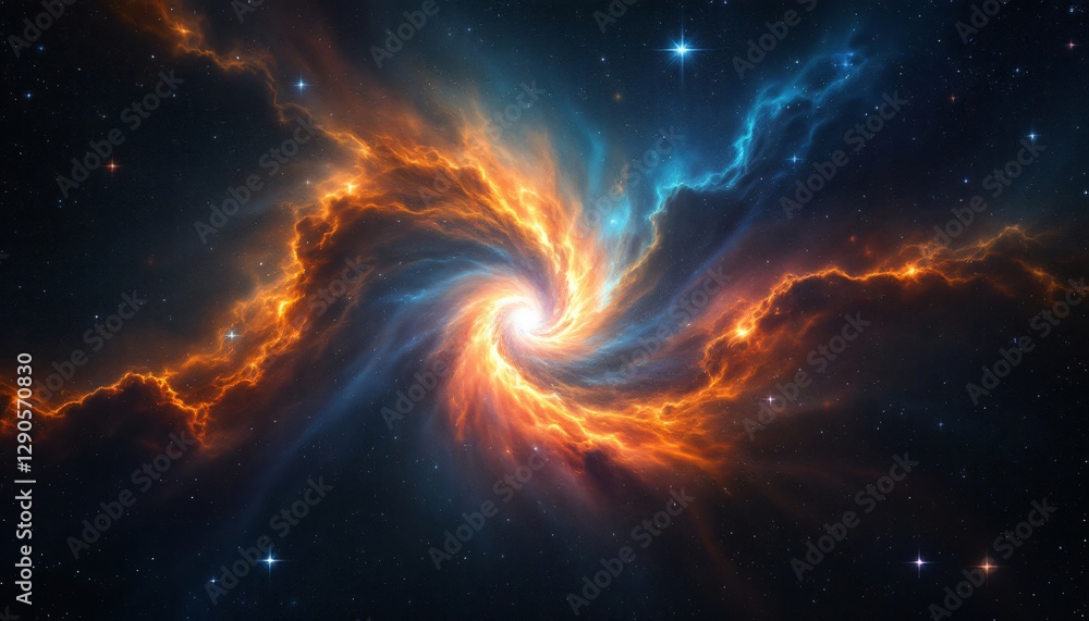 Cosmic Nebula: A swirling vortex of fiery orange and electric blue celestial clouds in the vast expanse of space, illuminated by distant stars. Cosmic Nebula: A swirling vortex of fiery orange and electric blue celestial clouds in the vast expanse of space, illuminated by distant stars.