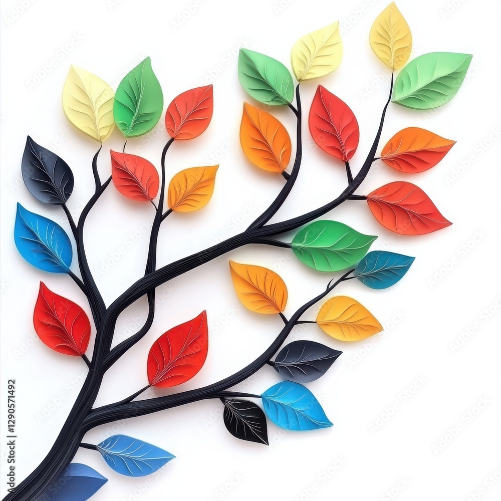 Obraz premium Vibrant 3D cartoon tree branch leaves on white background