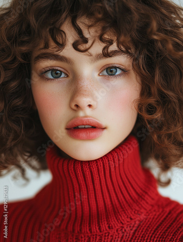 Wallpaper Mural Young woman with curly hair in a red sweater Torontodigital.ca