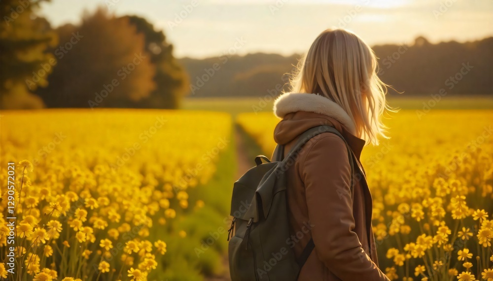 Fototapeta premium Woman with Backpack Walking in Vibrant Yellow Rapeseed Field at Sunset