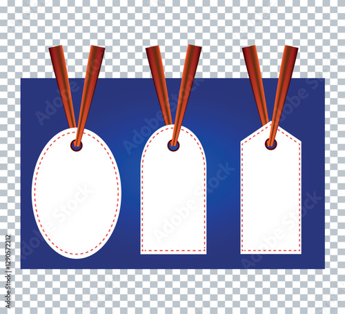 Blank Price Tags with Red Strings on Blue Background – Vector Label Set for Sales and Branding