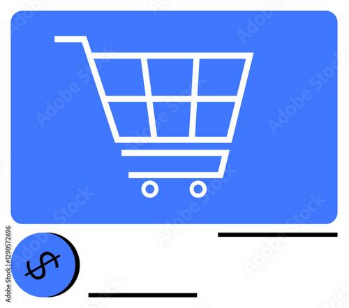 Blue shopping cart icon paired with a dollar symbol, representing purchasing, ecommerce, digital marketplaces, payment methods, and transaction flow. Ideal for retail, economy, fintech shopping