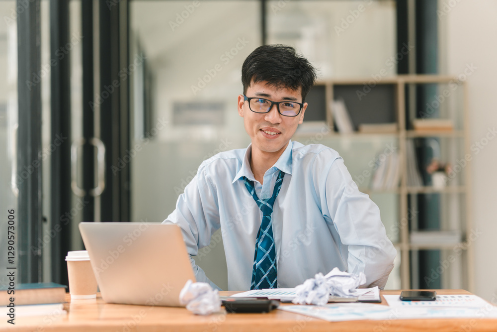Focused professional working at desk office portrait modern workspace engaged attitude Focused professional working at desk office portrait modern workspace engaged attitude