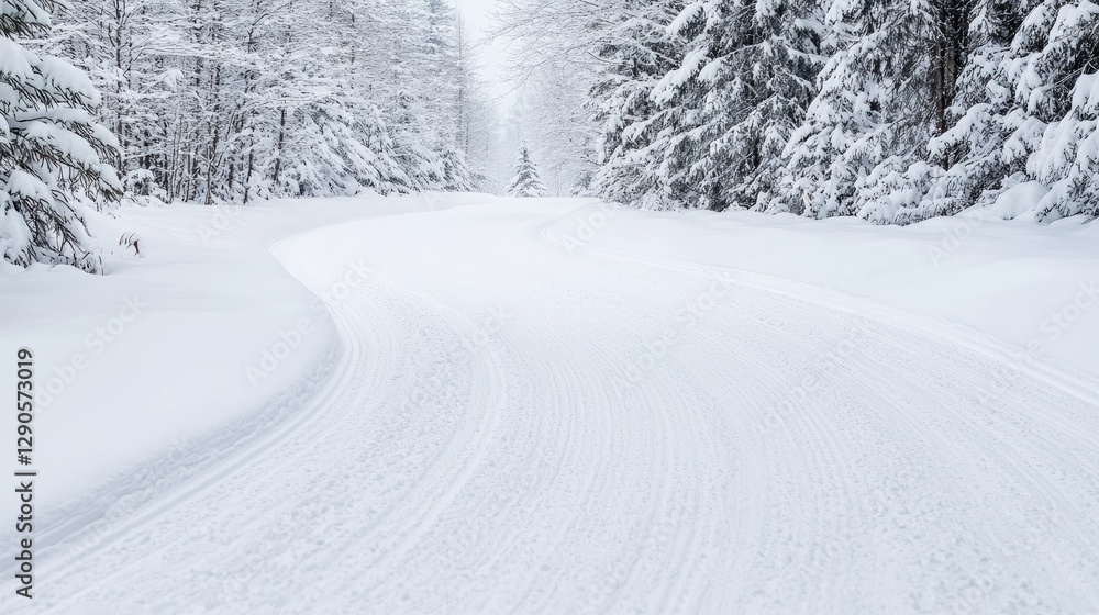 Obraz premium Snowy cross-country ski trail winding through winter forest