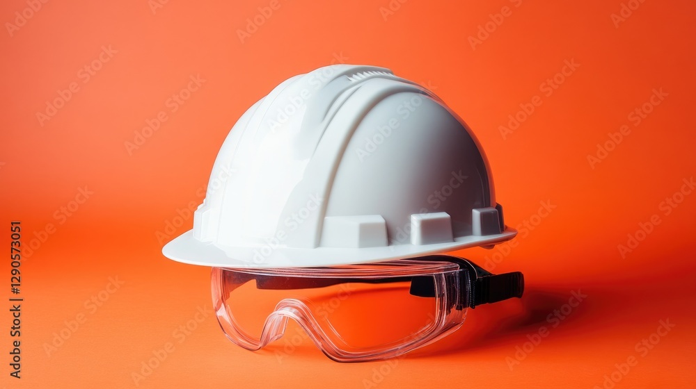 Fototapeta premium Hard hat and safety goggles stacked on a bright orange background